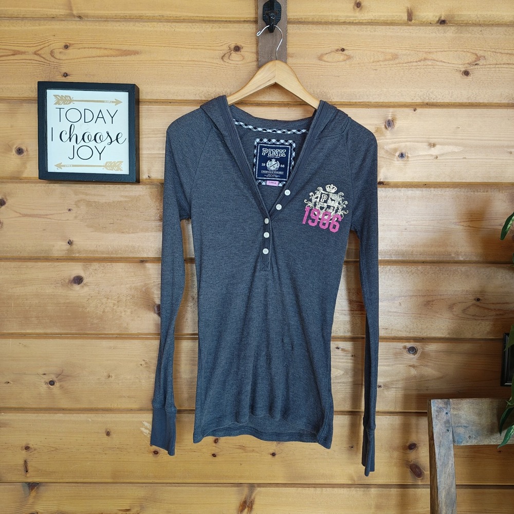 Vintage Y2K Victoria Secret PINK Gray Thermal Hoodie Henley Jersey Knit Crest L